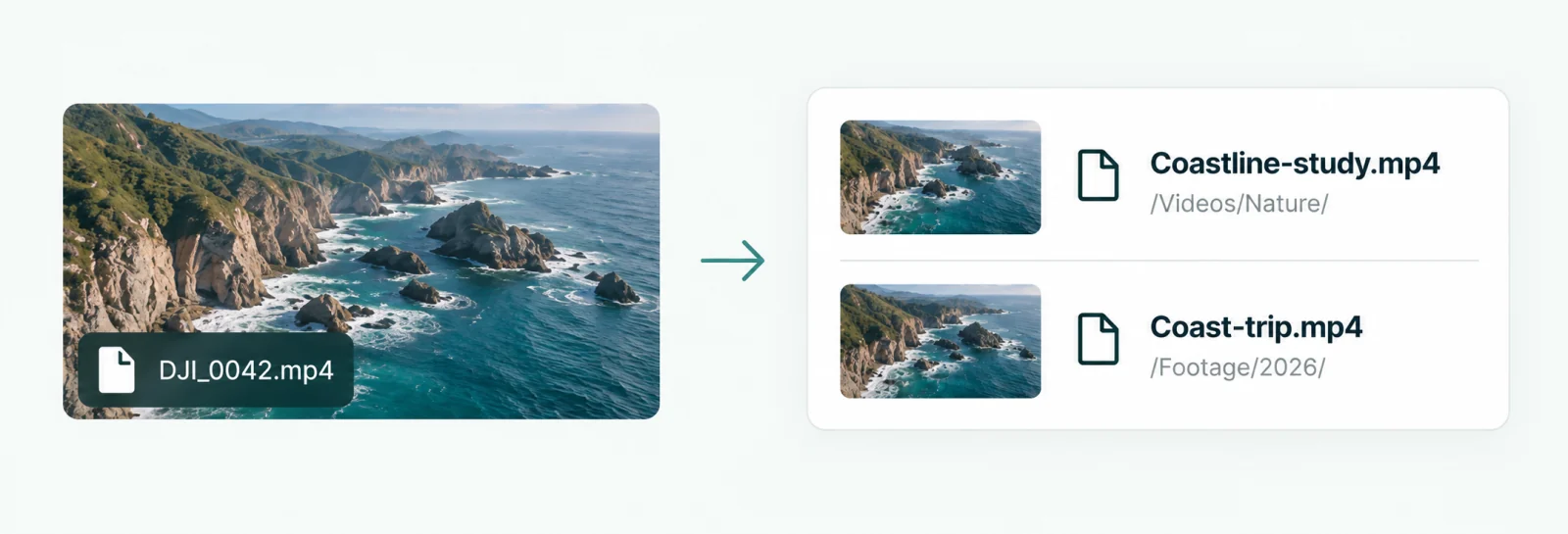 Un fichier vidéo mène à deux copies visuelles portant des noms et des emplacements différents.